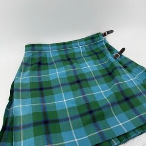 VTG Moffat Weavers Scotland Tartan Kilt Skirt Blue Green Wrap Pleated 30" Waist